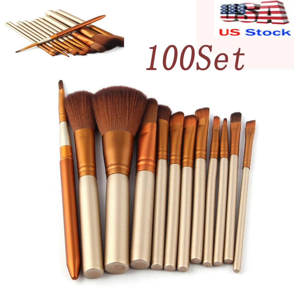 12Pcs Make Up Brushes Tool Makeup Foundation Blusher Brown Gold New 100Set Hot