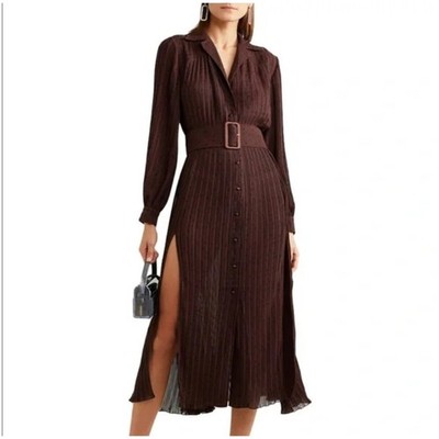 NEW ROTATE Birger Christensen Belted Polka-Dot Plissé-Chiffon Midi Dress Brown