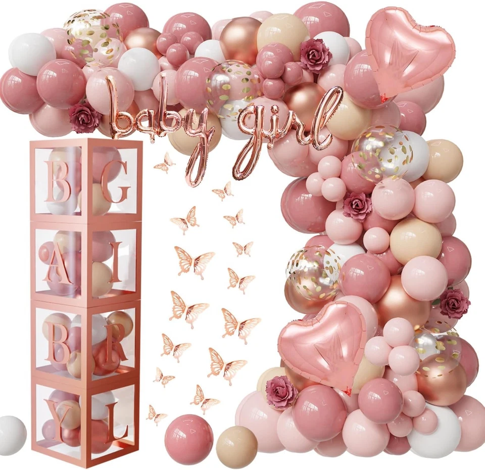 132 piezas Decoraciones Baby Shower Oro Rosa con Cajas Bebé Niña, Boho Rubor Rosa T Foto 4 de 4