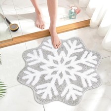 Christmas Bathroom Rug Grey Snowflake Tufted Bath Mat Absorbent Non Slip Show...