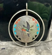 Sterling Silver Zuni spinner Pendant owl & hummingbird Edaakie Piece Signed
