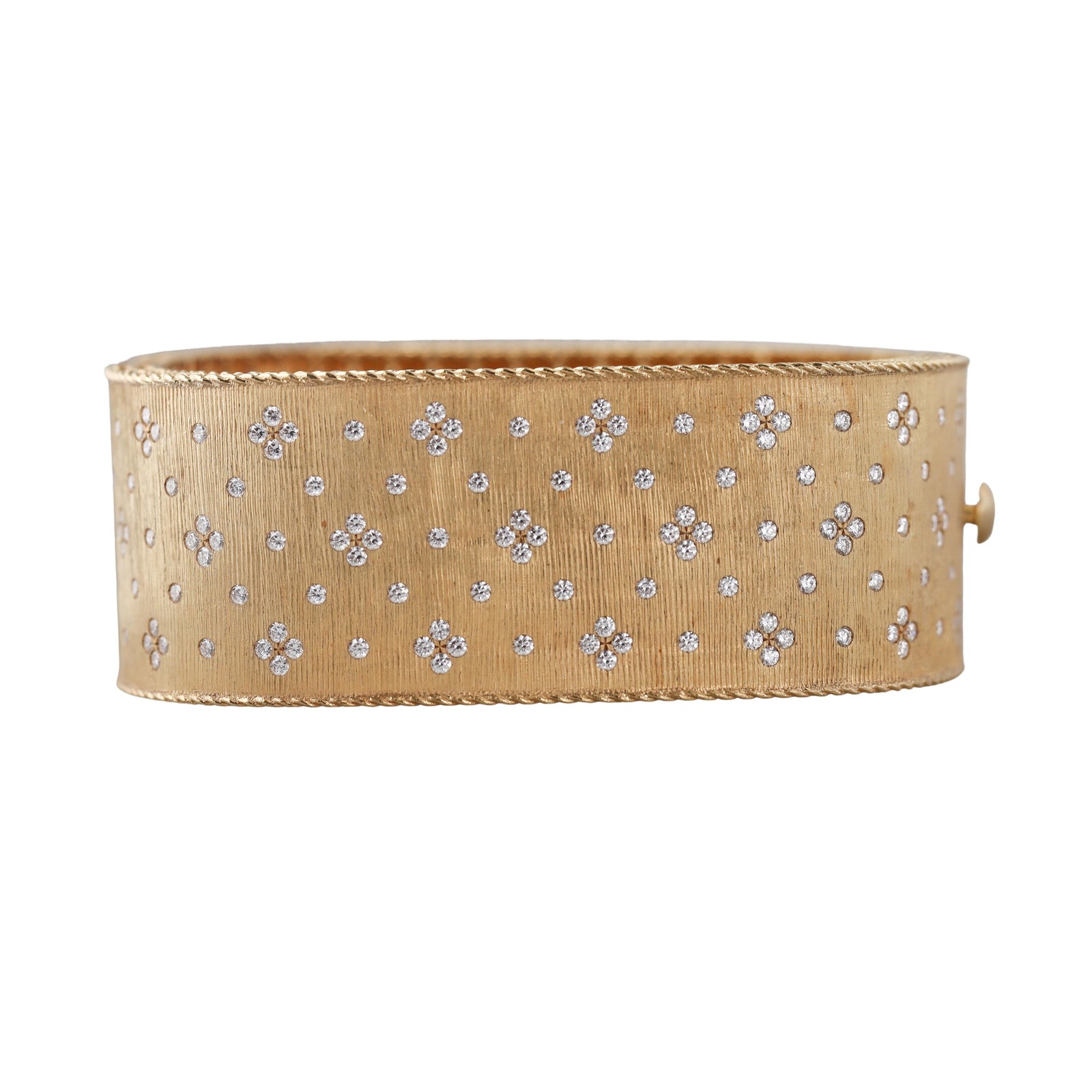 Roberto Coin Princess Satin Fleur de Lis Diamond Gold Wide Bangle Bracelet