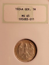 GERMANY WEIMAR 1 MARK SILVER 1924-A MS-65 NGC GEM OLDER NGC SLAB