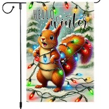 Winter Garden Flag 12x18 Inch Double Sided Burlap Hello Squirrel 2025-RMQ-797