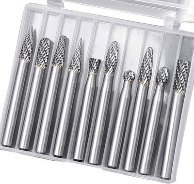 10pc Tungsten Carbide Burr Set 1/4'' Shank Double Cut Rotary Cutting Burr Set