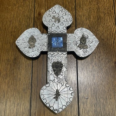 Vintage Mexican Miracle Cross 10  Folk Art Embossed Metal & Wood Motifs Read