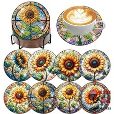 8 PCS Diamond Painting Coasters Cork Wooden Pad  Diamond Art Sunflower