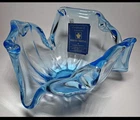 Vintage White Cristal Murano Italian Art Glass Bowl Blue Hand Blown Ruffled