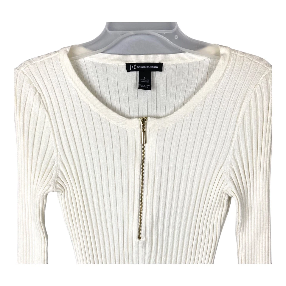 Suéter feminino INC International Concepts 1/2 zíper malha com nervuras rayon branco G - Imagem 3 de 4