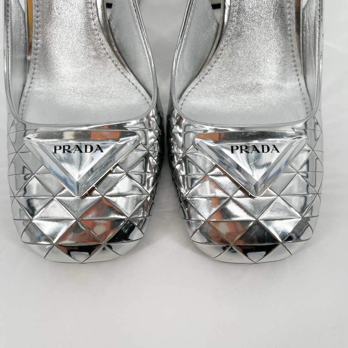 Prada Geometric Silver Metallic Logo Triangle Slingback