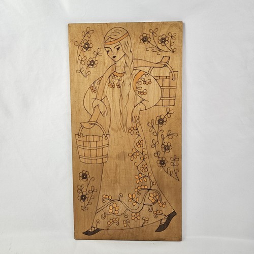 Vintage Wooden Pyrography Picture Hippie Girl Boho Soviet Wall Art From USSR