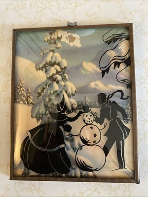 VTG Silhouette Reverse Painting Under Convex Glass Couple Building Snowman 4X5