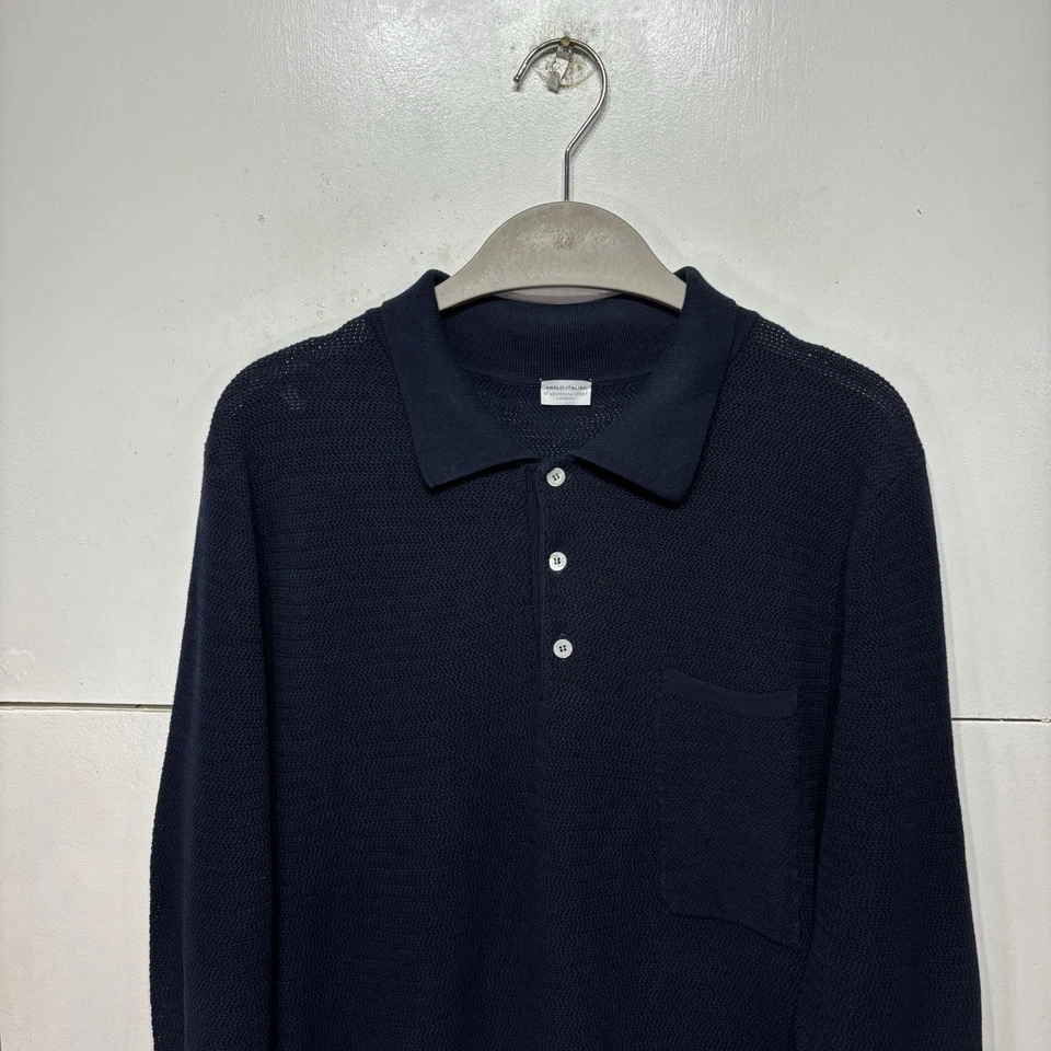 Anglo Italian Polo Shirt Navy 100% Cotton Pullover Long Sleeve Men’s - Image 3 of 4