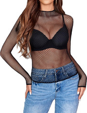 Women Fishnet Mesh Long Sleeve Top Sheer Mock Neck Party Clubwear Tops Shirt