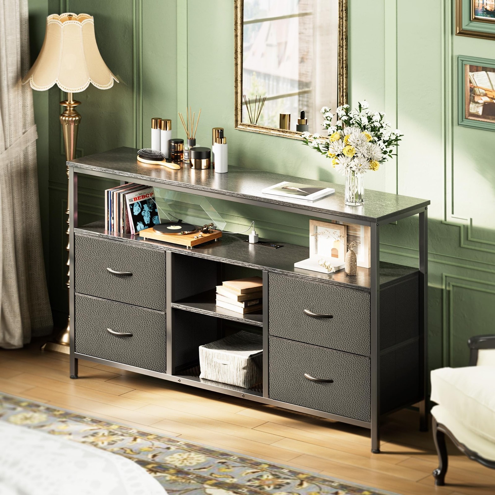 Huuger 47 Inch TV Stand Dresser with Power Outlets and LED Lights, Fabric Dre...
