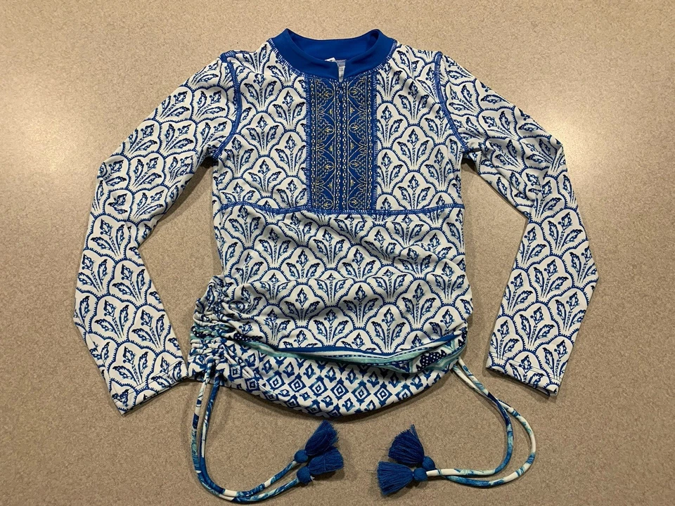 Top protector contra erupciones manga larga Cabana Life Girls talla 5 UPF 50+ Boho blanco y azul Foto 4 de 4