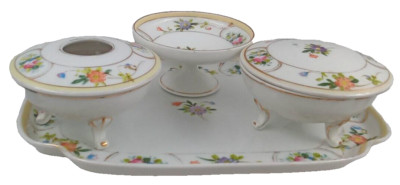 Nippon Dresser Set Tray Trinket Powder Dish Hair Keep Floral Porcelain Japan Vtg