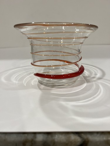 Swirl Art Glass Bowl Hand Blown Clear w/Red/orange Swirl 4"H x 5.5" Blenko Style
