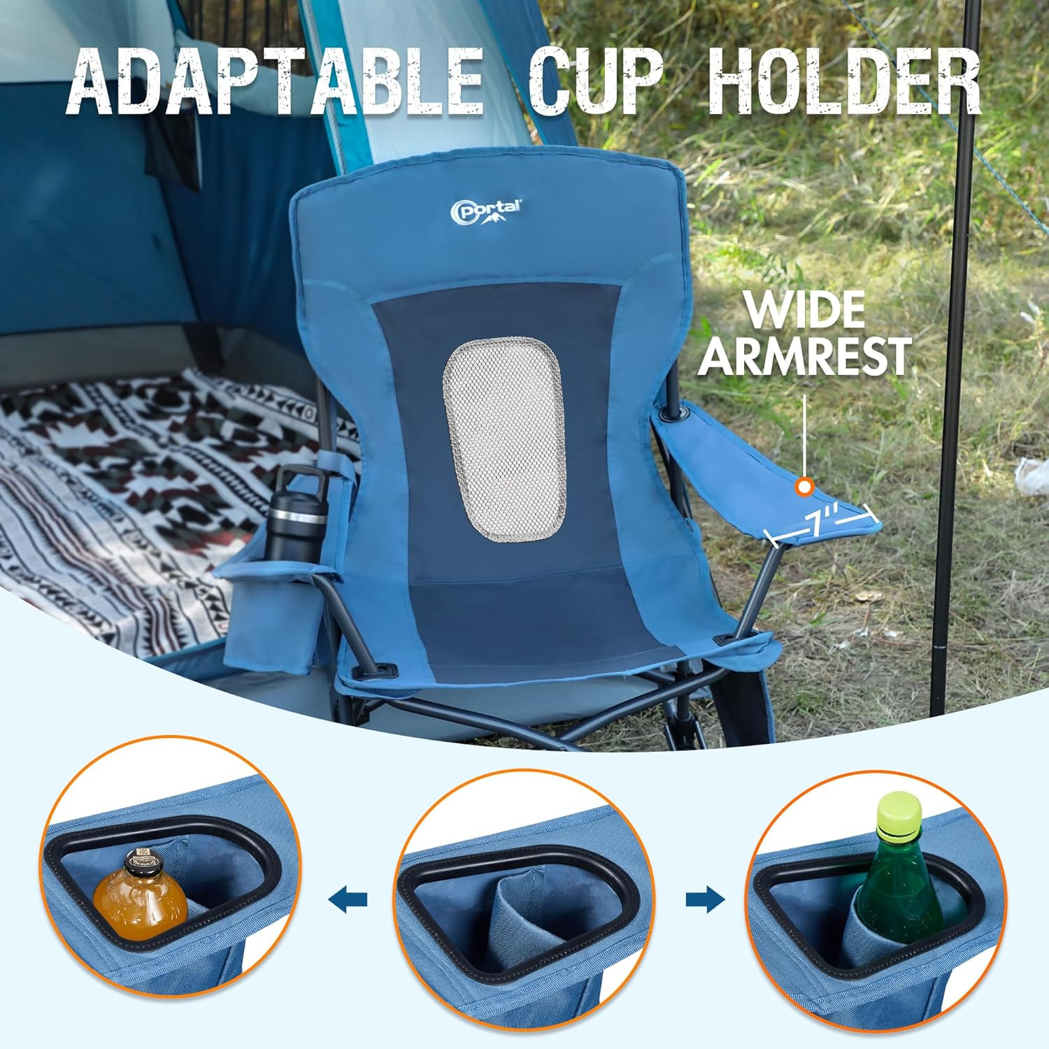 Portable Folding Rocking Chair with Cup Holder, Supports 350 LBS, Blue Mesh