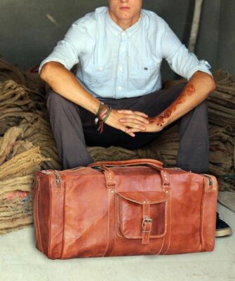 24'' Men's genuine Soft Leather luggage gym weekend overnight duffle vintage bag