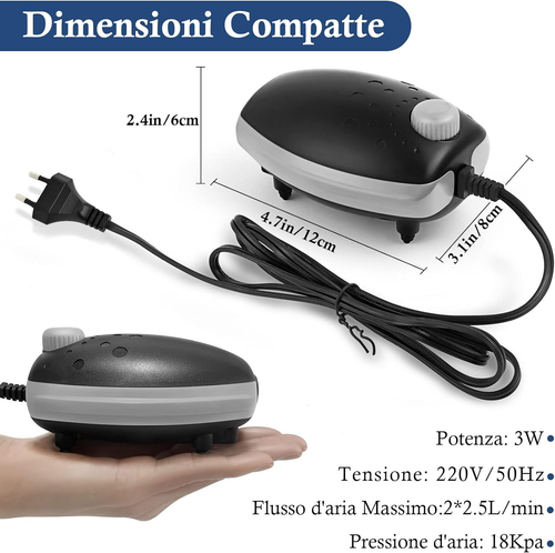 PYPABL Ossigenatore per Acquario 3W, Pompa ad Aria per Acquario 300L/H, Potente - Foto 3 di 8