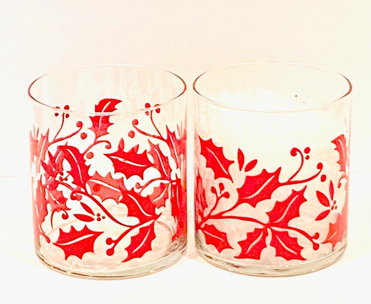 Libbey Glass Christmas Red Holly 4" Round Candle Vase Set of 2 eBay
