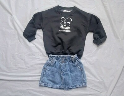Zara Toddler Girl Crewneck And Denim Skirt Outfit