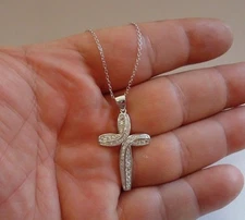 18K WHITE GOLD OVER 925 STERLING SILVER CROSS NECKLACE PENDANT W/ ACCENTS/18''