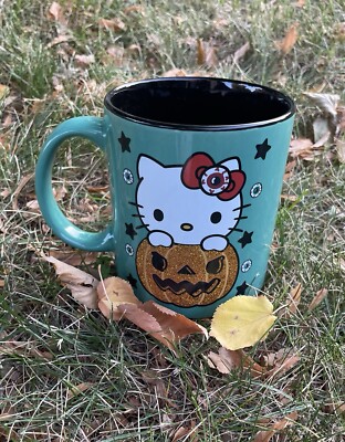 Sanrio HELLO KITTY Green Double Sided Glitter Pumpkin Ceramic Coffee Tea Mug NEW