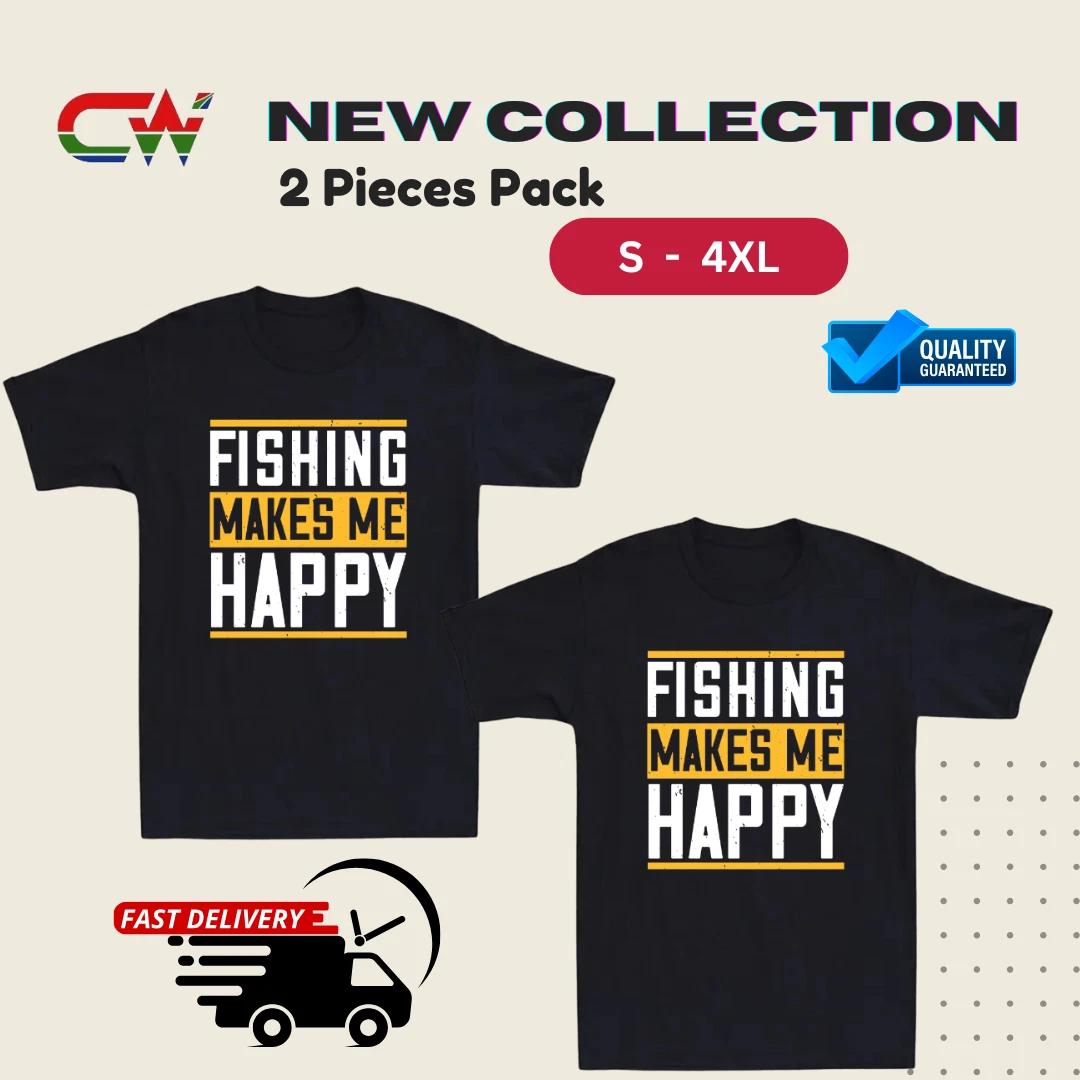 Fishing Makes Me Happy T-Shirt | Men's Outdoor Fishing Lover Gift | 2 Pack S-4XL