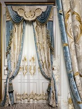 luxury European Velvet Embroidery thick blue window valance curtain tulle M1600