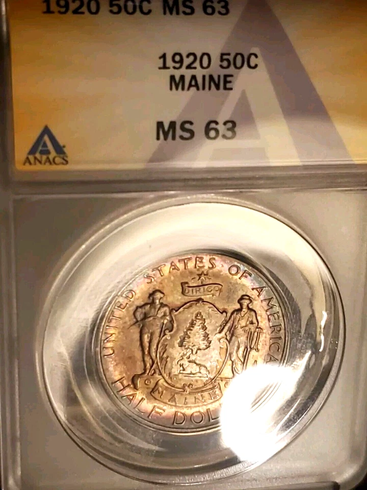1920 MAINE COMMEMORATIVE HALF DOLLAR NICE MULTI COLOR WOW TONING ANACS MS63 - Image 3 of 4