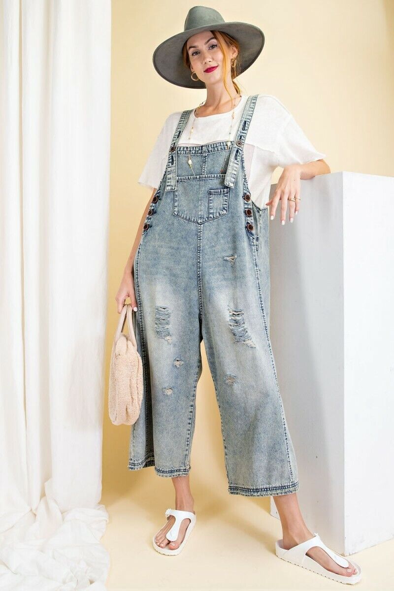 Easel Sanforized Distressed Oversized Denim Overalls Easel Sanforized Distressed Oversized Denim Overalls