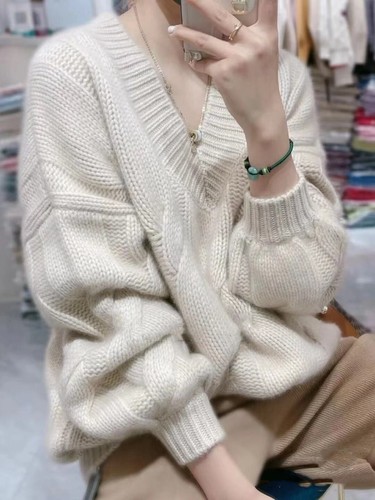 Pullover Pullover Grueso Suelto Para Mujer Cuello en V Para Mujer Invierno Suéteres Moda - Imagen 1 de 10