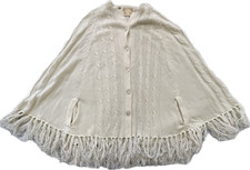 Vintage Glentex Womens Cream Cape Poncho Button Front Fringe 60s Boho Size M/L