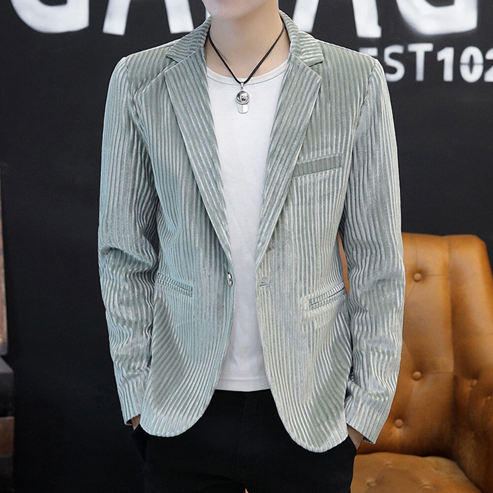 Men Single-Breasted Suit Jacket Striped Texture Blazer Coat