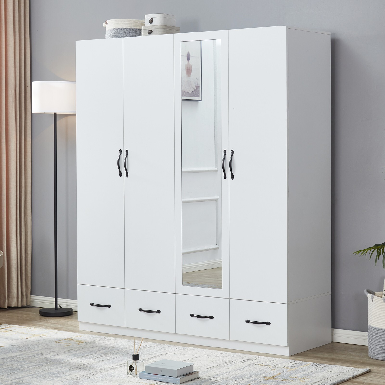 White 4-Door Wood Wardrobe Armoire Closet Cabinet for Clothes Storage-image