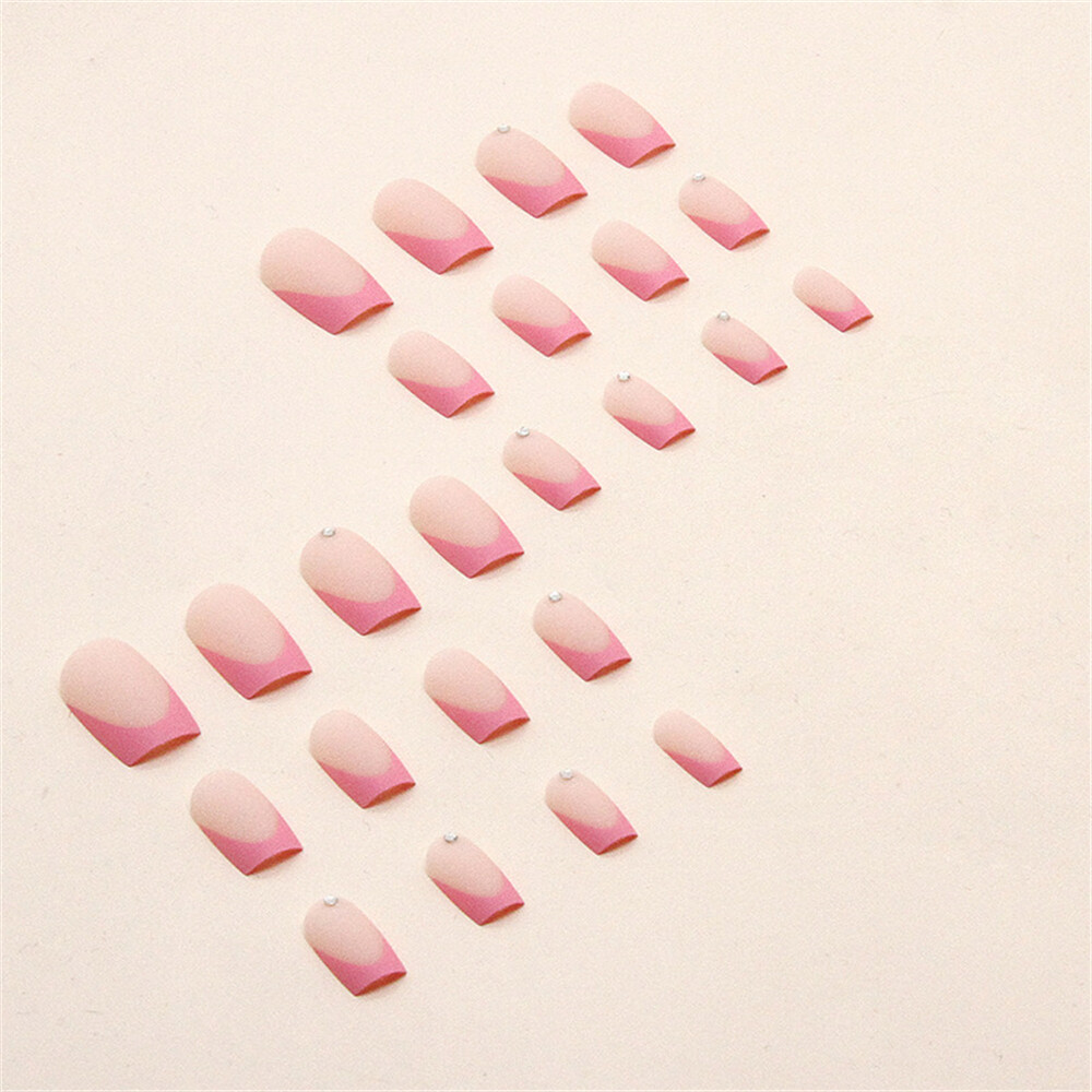 24 Stück Kurze Fake Nails – Rosa-weiß Verlauf, Quadratisch, Mit Strass & Kleber