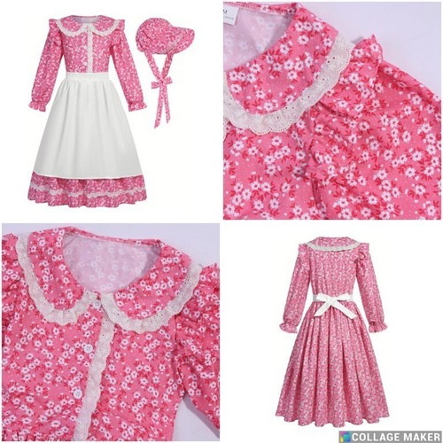 Pioneer Prairie Colonial Dress Costume w/ Apron & Bonnet girls kids age 5-12 - Picture 25 of 25