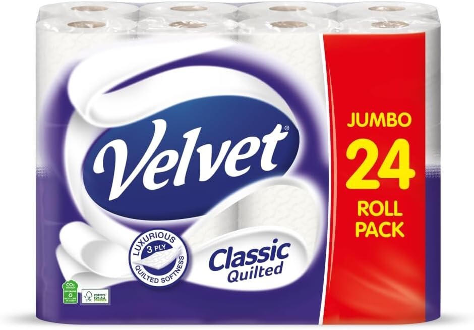 Velvet Classic Quilted Toilet Paper Bulk Buy 24 White 3 ply Toilet