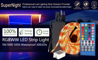 SUPERNIGHT 5M 300LEDs RGBW/RGBWW 5050 IP65/IP67 LED Strip/40Keys IR Remote/12V Power Supply