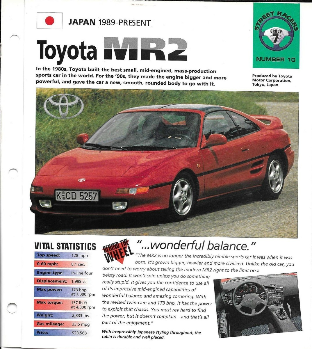 Street Racers folder 1989-1998 TOYOTA MR2 SPEC SHEET card Hot Cars