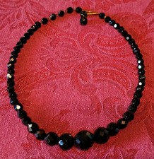 SIGNED GERMANY Vintage Black Faceted Beads Choker Necklace 16