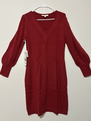 Etcetera Ruby Red Knit Sweater Dress V-Neck Balloon Sleeve Knee Length L