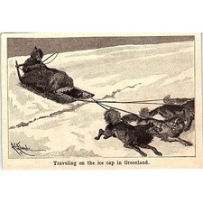 Trineo para perros viajando en capa de hielo en Groenlandia 3x4" 1901 grabado AF6-M13