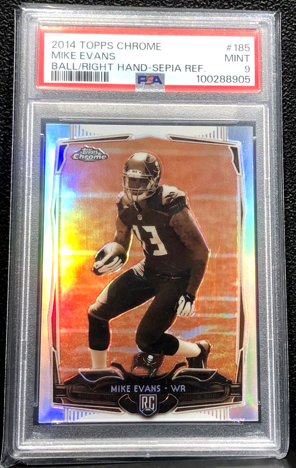 2014 TOPPS CHROME MIKE EVANS ROOKIE, #185, SEPIA REFRACTOR, #86/99, PSA 9 MINT
