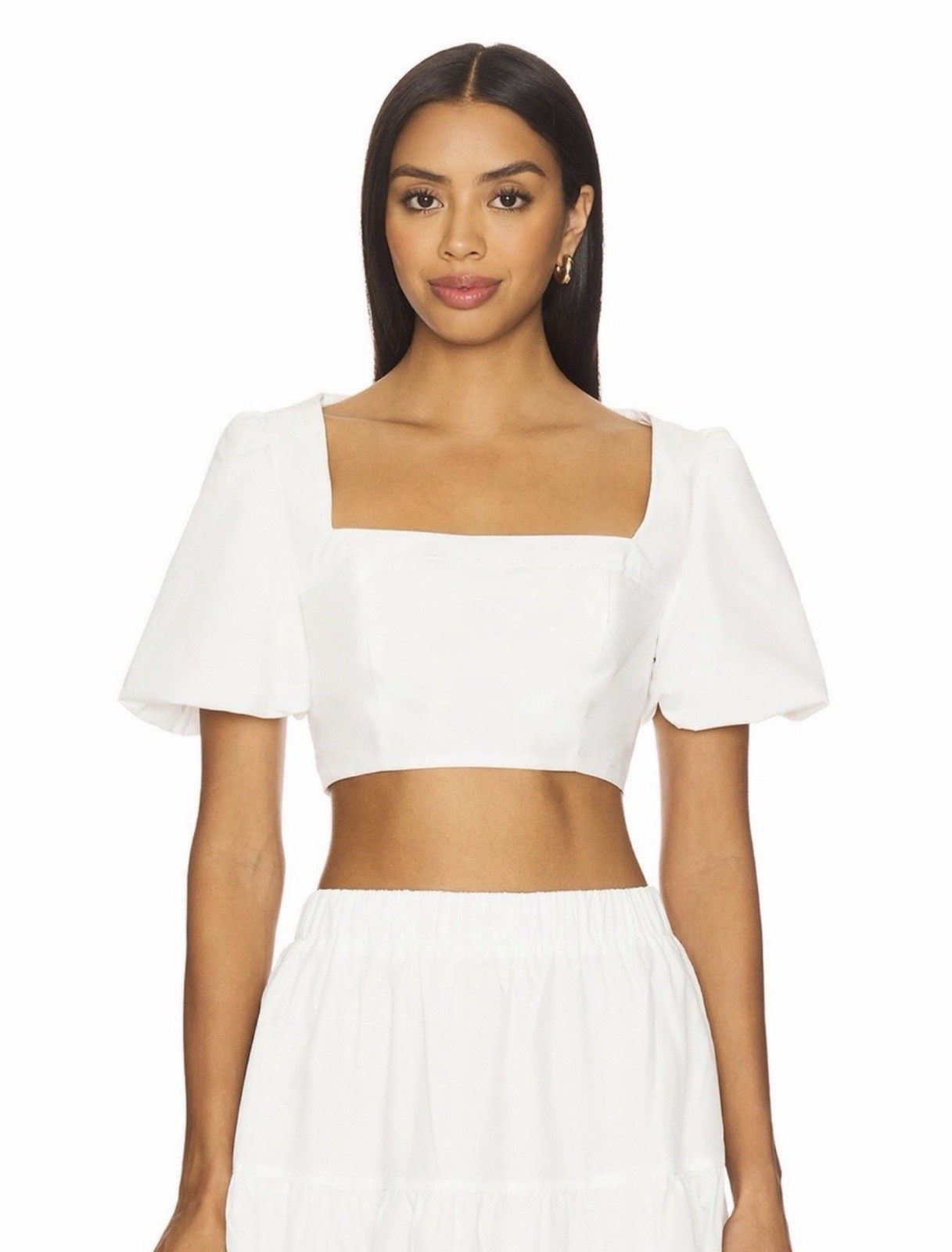 More To Come Revolve White Braline Cropped Square Neck Puff Sleeve Top XS NWT