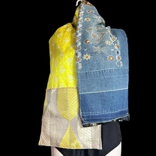 Patchwork Scarf Embroidery, Denim Wrap Handmade, Up Cycled OOAK Neck Warmer 57’
