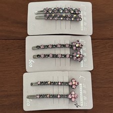 Rhinestone Crystal AB Pink Pins Barrette Hair Clips Brown 3 Sets Fairy Vtg Look