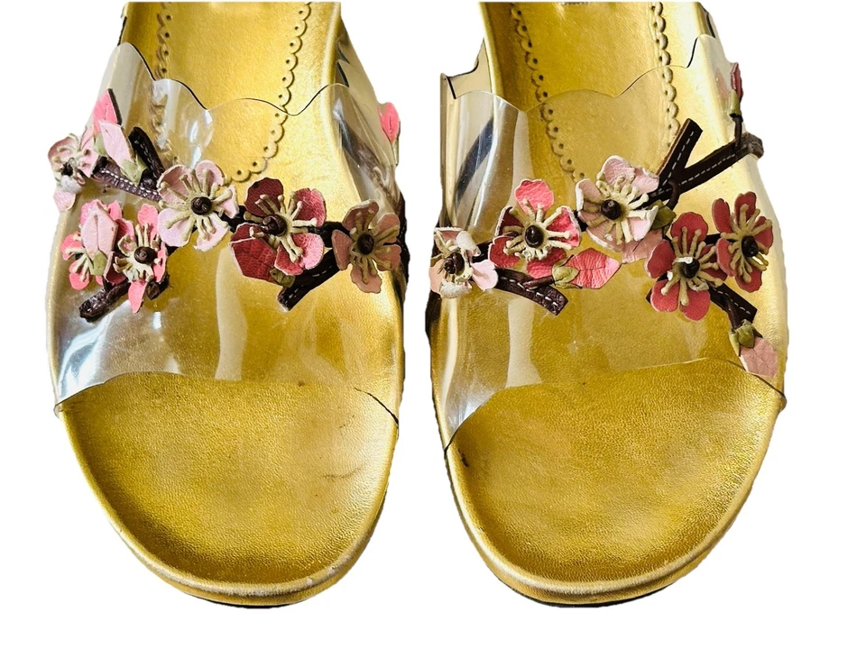 复古普拉达女式贴花金色花朵丝绸拖鞋凉鞋 36.5 码/美国 6.5 码 — 第 2/4 张图片